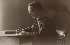 A vintage image of a writer providing AI content editing services