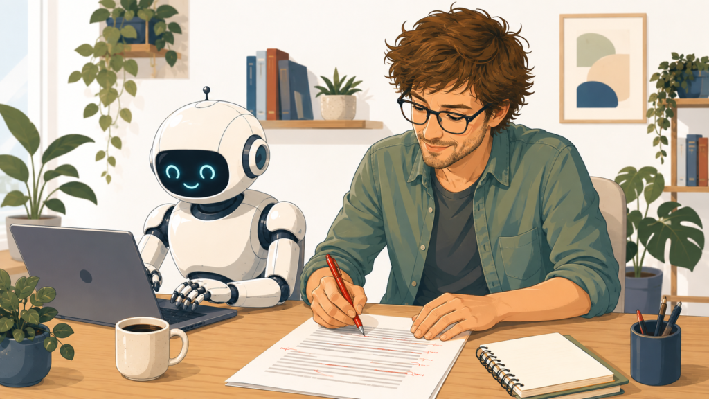 A picture of AI content and a human copywriter working together to create better content for businesses