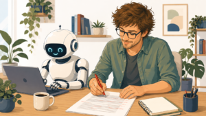 A picture of AI content and a human copywriter working together to create better content for businesses