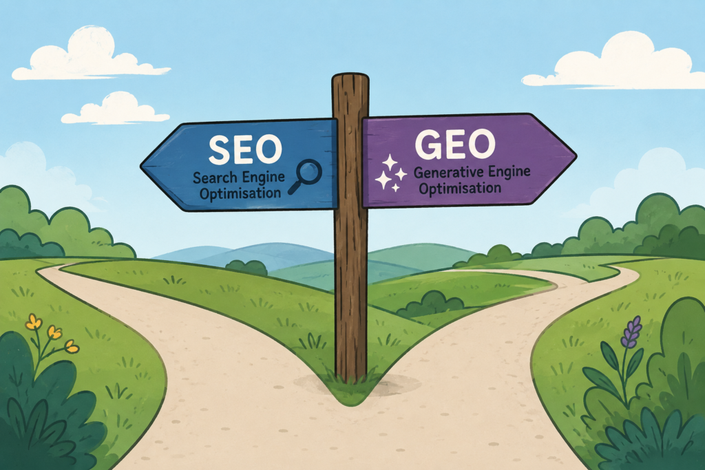 A picture of a fork in the road with two road signs for each direction to represent the SEO vs GEO conundrum